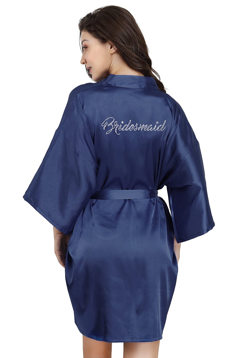 EPLAZA Women's One Size Silver Rhinestones Bride Bridesmaid Short Satin Robes for Wedding Party Getting Ready (Navy, Bridesmaid) - Image 2